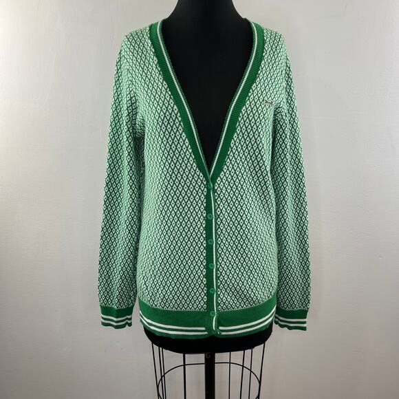LE TIGRE Green White Diamond Print Cotton V-Neck Button Down Cardigan Sweater XL - Picture 2 of 11